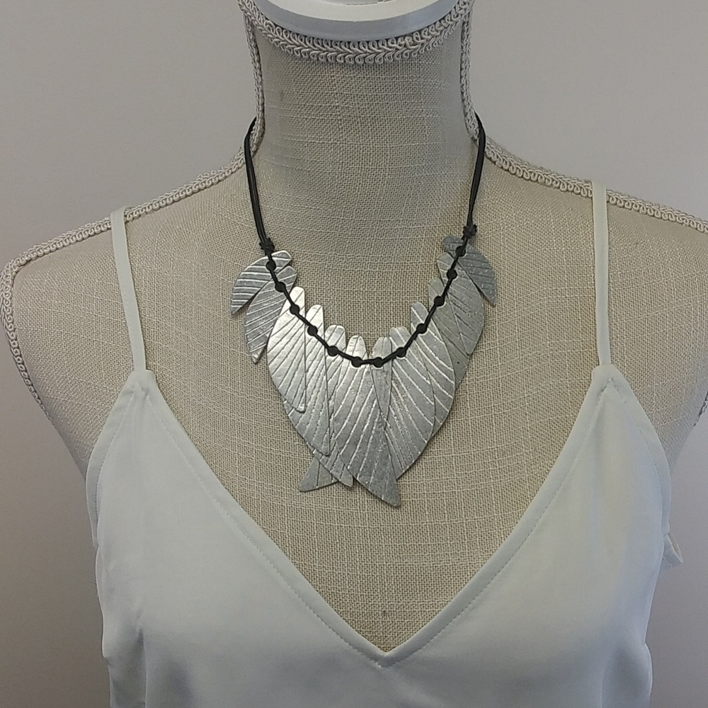 Silver Leaf Like Statement Necklace - image 1